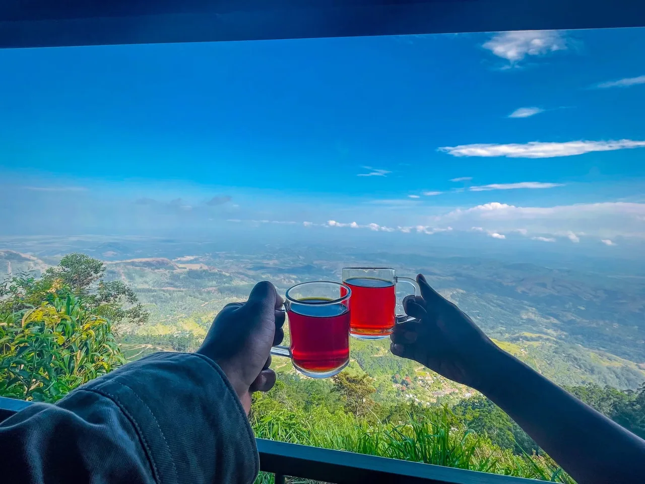 Toasting with cups of Ceylon tea over the valley view at Lipton Seat