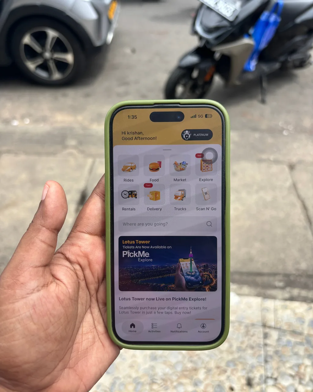 PickMe app home screen with rides, food and delivery services