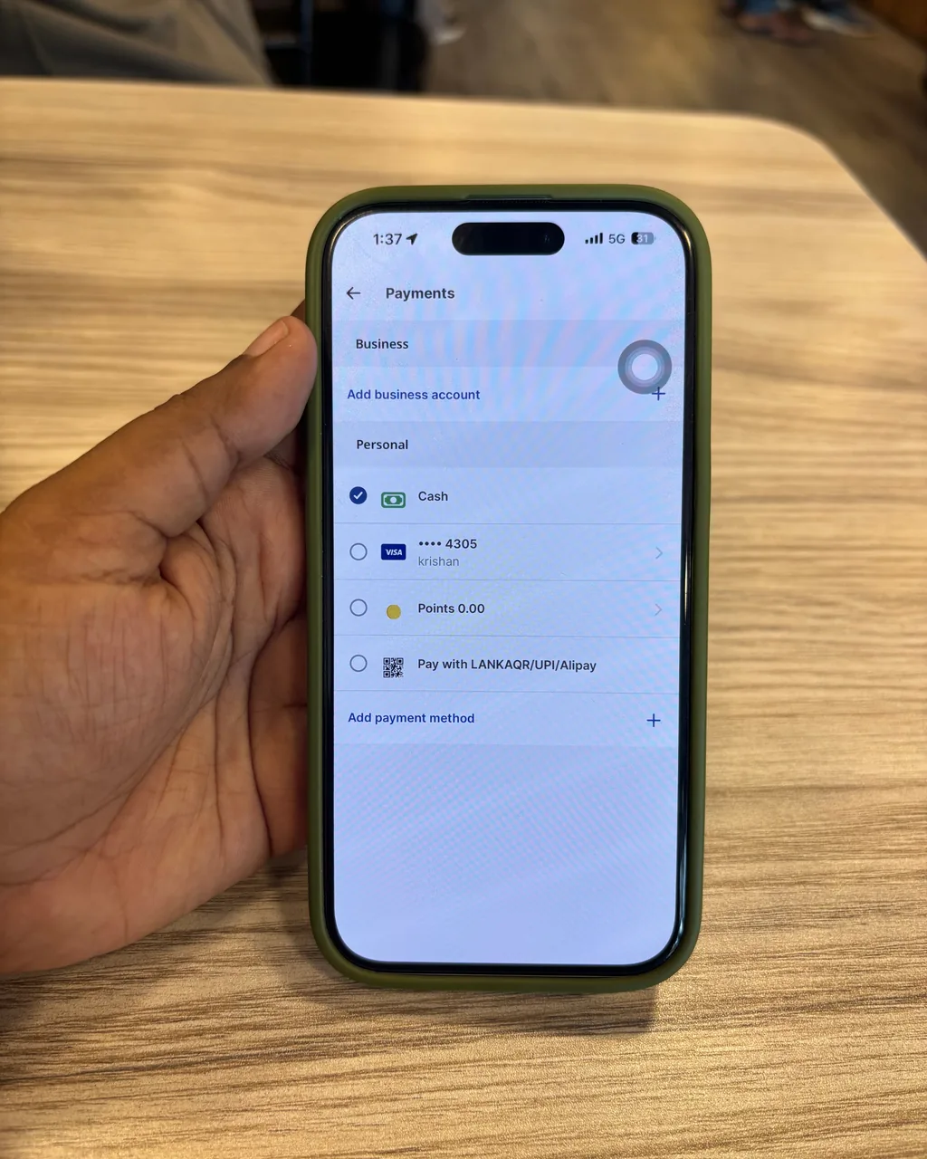 PickMe app payment methods screen showing cash, card and LANKAQR options