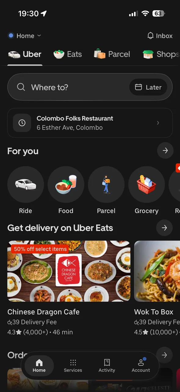 Uber app home screen after downloading in Sri Lanka