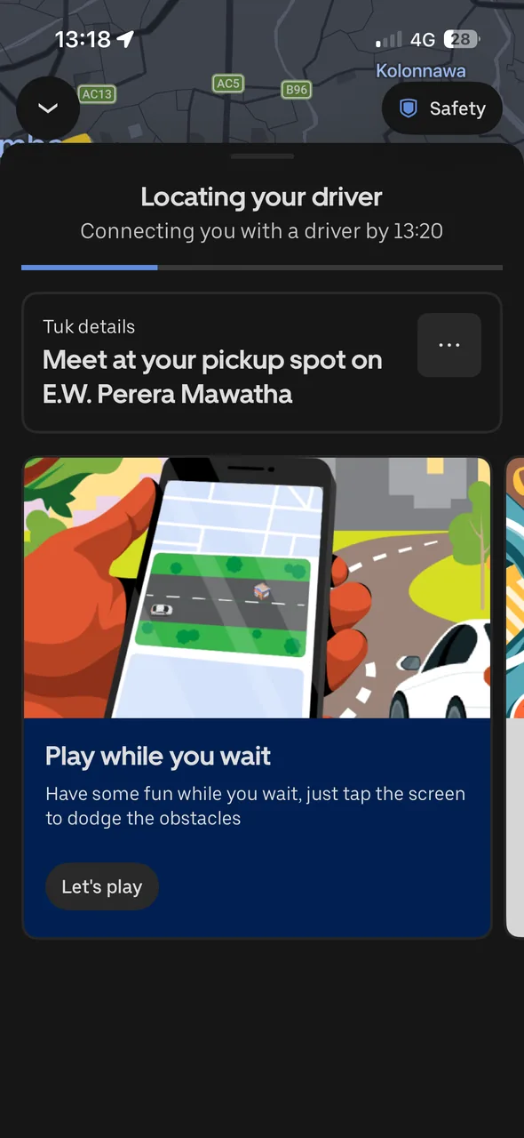 Uber locating a tuk driver with pickup details in Colombo