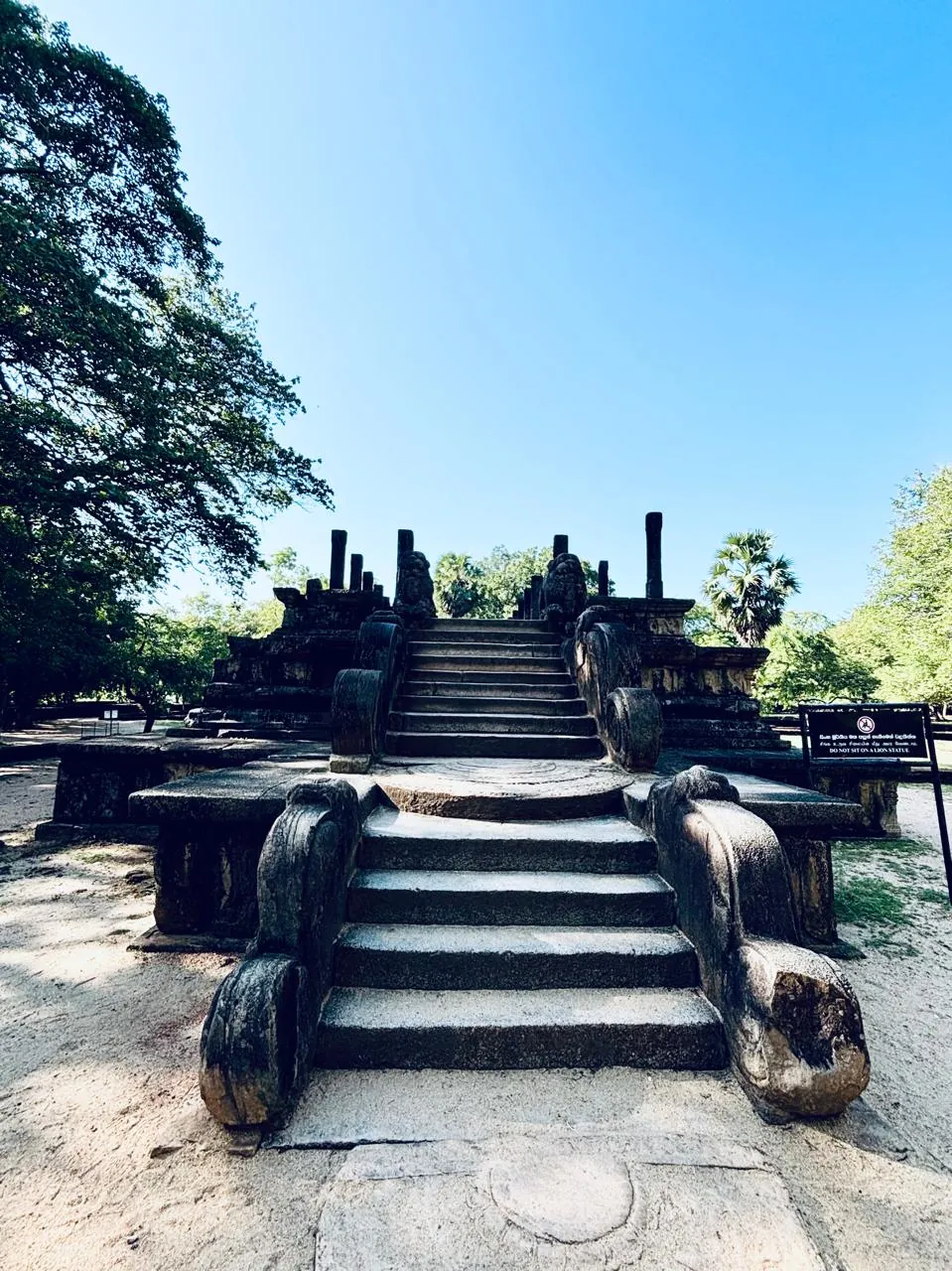Carved stone staircase with lion figures leading to the Audience Hall at Polonnaruwa
