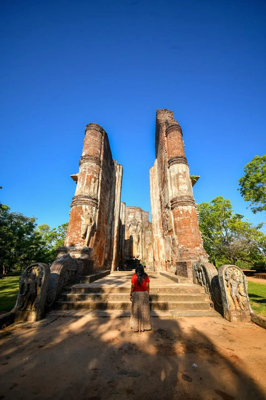 Tall twin brick towers of the Lankathilaka Viharaya temple facade in Polonnaruwa