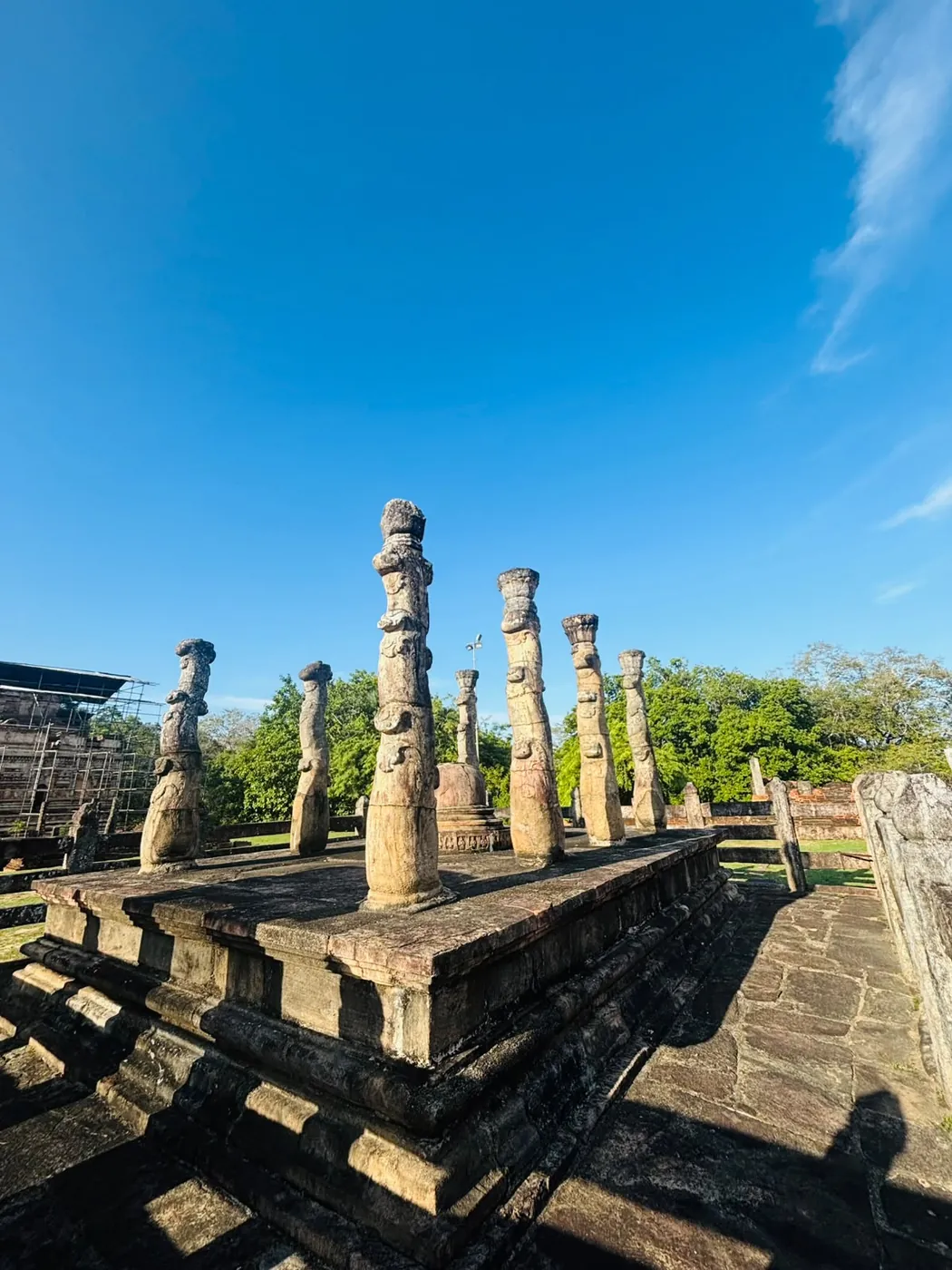 Curved lotus-stem stone pillars of Nissanka Latha Mandapaya in Polonnaruwa