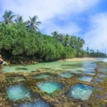 The rectangular rock pools along the coral reef at Talpe Beach, Sri Lanka